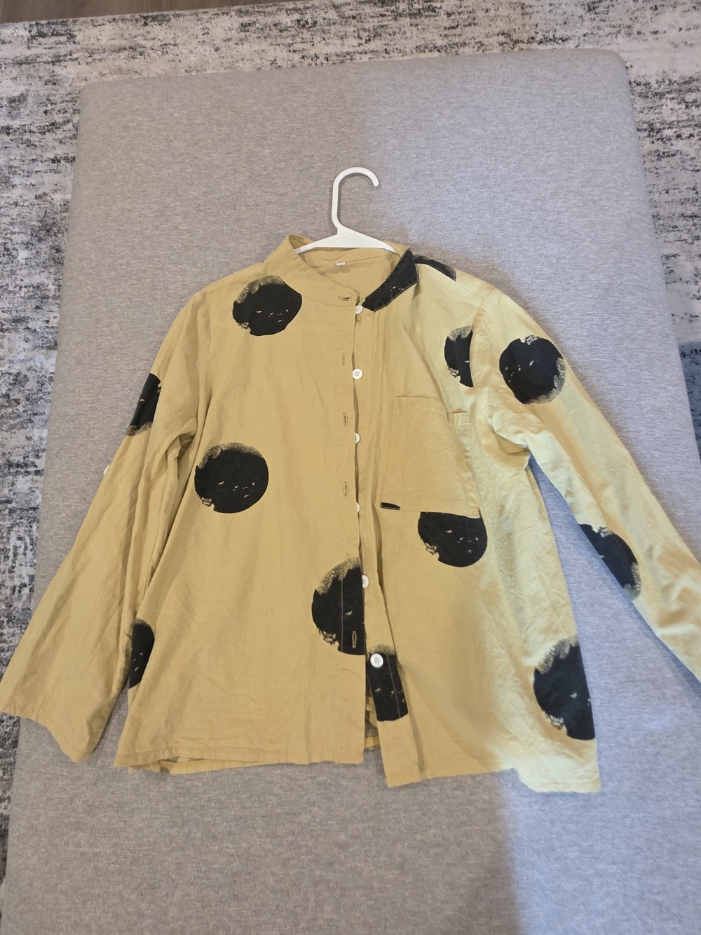 Mustard Yellow Button-Up Shirt with Black Painted Dots